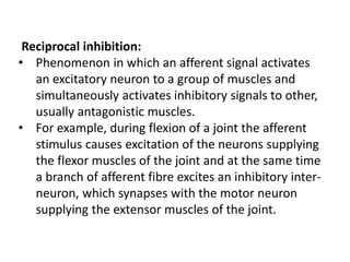 Reciprocal inhibition:
• Phenomenon in which an afferent signal activates
an excitatory neuron to a group of muscles and
simultaneously activates inhibitory signals to other,
usually antagonistic muscles.
• For example, during flexion of a joint the afferent
stimulus causes excitation of the neurons supplying
the flexor muscles of the joint and at the same time
a branch of afferent fibre excites an inhibitory inter-
neuron, which synapses with the motor neuron
supplying the extensor muscles of the joint.
 