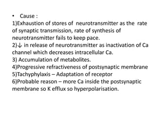 • Cause :
1)Exhaustion of stores of neurotransmitter as the rate
of synaptic transmission, rate of synthesis of
neurotransmitter fails to keep pace.
2)↓ in release of neurotransmitter as inactivation of Ca
channel which decreases intracellular Ca.
3) Accumulation of metabolites.
4)Progressive refractiveness of postsynaptic membrane
5)Tachyphylaxis – Adaptation of receptor
6)Probable reason – more Ca inside the postsynaptic
membrane so K efflux so hyperpolarisation.
 