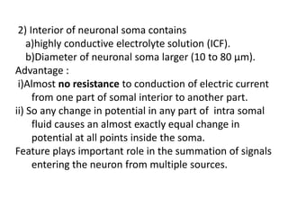 2) Interior of neuronal soma contains
a)highly conductive electrolyte solution (ICF).
b)Diameter of neuronal soma larger (10 to 80 µm).
Advantage :
i)Almost no resistance to conduction of electric current
from one part of somal interior to another part.
ii) So any change in potential in any part of intra somal
fluid causes an almost exactly equal change in
potential at all points inside the soma.
Feature plays important role in the summation of signals
entering the neuron from multiple sources.
 