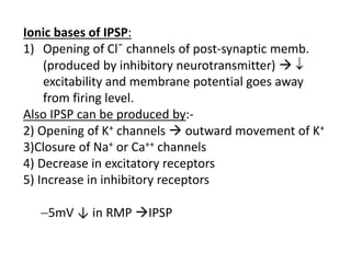 Ionic bases of IPSP:
1) Opening of Cl¯ channels of post-synaptic memb.
(produced by inhibitory neurotransmitter)  
excitability and membrane potential goes away
from firing level.
Also IPSP can be produced by:-
2) Opening of K+ channels  outward movement of K+
3)Closure of Na+ or Ca++ channels
4) Decrease in excitatory receptors
5) Increase in inhibitory receptors
5mV ↓ in RMP IPSP
 