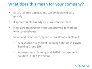 What does this mean for your company?
• Small, tailored applications can be deployed very
quickly
• If spreadsheets already exist, we can use them
• Near zero training for those accustomed to working
with spreadsheets
• Value-add experience, Synapse has already deployed:
• A Resource Assignment Planning Solution in Lloyds
Banking Group (UK)
• A programme planning and RAIDS management
solution in IKEA (Sweden)
 
