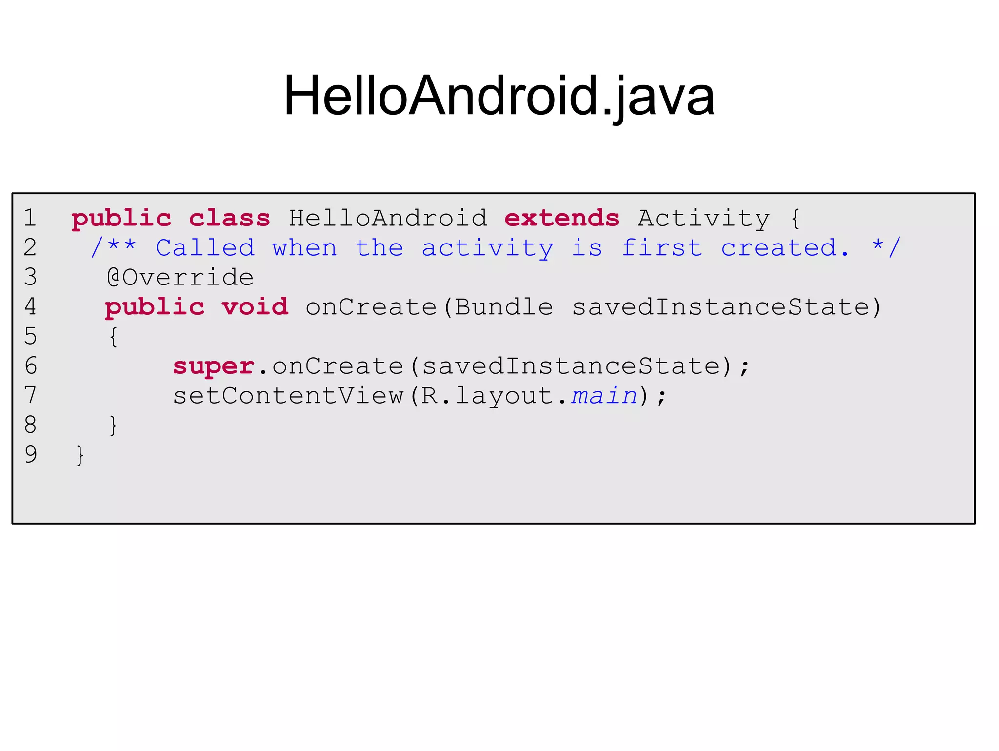 HelloAndroid.java 
1 public class HelloAndroid extends Activity { 
2 /** Called when the activity is first created. */ 
3 @Override 
4 public void onCreate(Bundle savedInstanceState) 
5 { 
6 super.onCreate(savedInstanceState); 
7 setContentView(R.layout.main); 
8 } 
9 } 
 