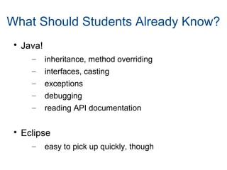 What Should Students Already Know? 
 Java! 
– inheritance, method overriding 
– interfaces, casting 
– exceptions 
– debugging 
– reading API documentation 
 Eclipse 
– easy to pick up quickly, though 
 