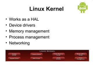Linux Kernel 
• Works as a HAL 
• Device drivers 
• Memory management 
• Process management 
• Networking 
 