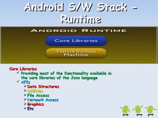AAnnddrrooiidd SS//WW SSttaacckk -- 
RRuunnttiimmee 
CCoorree LLiibbrraarriieess 
 PPrroovviiddiinngg mmoosstt ooff tthhee ffuunnccttiioonnaalliittyy aavvaaiillaabbllee iinn 
tthhee ccoorree lliibbrraarriieess ooff tthhee JJaavvaa llaanngguuaaggee 
 AAPPIIss 
DDaattaa SSttrruuccttuurreess 
UUttiilliittiieess 
FFiillee AAcccceessss 
NNeettwwoorrkk AAcccceessss 
GGrraapphhiiccss 
EEttcc 
 