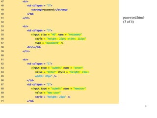 8 
47 <tr> 
48 <td colspan = "3"> 
49 <strong>Password:</strong> 
50 </td> 
51 </tr> 
52 
53 <tr> 
54 <td colspan = "3"> 
55 <input size = "40" name = "PASSWORD" 
56 style = "height: 22px; width: 115px" 
57 type = "password" /> 
58 <br/></td> 
59 </tr> 
60 
61 <tr> 
62 <td colspan = "1"> 
63 <input type = "submit" name = "Enter" 
64 value = "Enter" style = "height: 23px; 
65 width: 47px" /> 
66 </td> 
67 <td colspan = "2"> 
68 <input type = "submit" name = "NewUser" 
69 value = "New User" 
70 style = "height: 23px" /> 
71 </td> 
password.html 
(3 of 4) 
 
