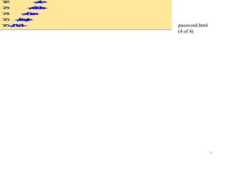 9 
72 </tr> 
73 </table> 
74 </form> 
75 </body> 
76 </html> 
password.html 
(4 of 4) 
 