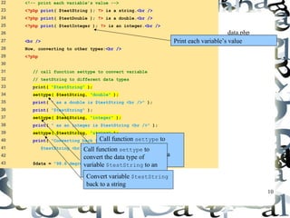 10 
22 <!-- print each variable’s value --> 
23 <?php print( $testString ); ?> is a string.<br /> 
24 <?php print( $testDouble ); ?> is a double.<br /> 
25 <?php print( $testInteger ); ?> is an integer.<br /> 
26 
27 <br /> 
28 Now, converting to other types:<br /> 
29 <?php 
30 
31 // call function settype to convert variable 
32 // testString to different data types 
33 print( "$testString" ); 
34 settype( $testString, "double" ); 
35 print( " as a double is $testString <br />" ); 
36 print( "$testString" ); 
37 settype( $testString, "integer" ); 
38 print( " as an integer is $testString <br />" ); 
39 settype( $testString, "string" ); 
40 print( "Converting back to a string results in 
41 $testString <br /><br />" ); 
42 
43 $data = "98.6 degrees"; 
data.php 
Print each variable’s (v2a loufe 3) 
Call function settype to 
convert the data type of 
variable $testString to a 
double. 
Call function settype to 
convert the data type of 
variable $testString to an 
inCteognevre.rt variable $testString 
back to a string 
 