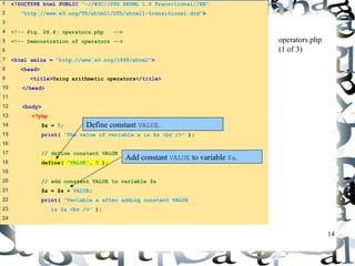 14 
1 <!DOCTYPE html PUBLIC "-//W3C//DTD XHTML 1.0 Transitional//EN" 
2 "http://www.w3.org/TR/xhtml1/DTD/xhtml1-transitional.dtd"> 
3 
4 <!-- Fig. 26.4: operators.php --> 
5 <!-- Demonstration of operators --> 
6 
7 <html xmlns = "http://www.w3.org/1999/xhtml"> 
8 <head> 
9 <title>Using arithmetic operators</title> 
10 </head> 
11 
12 <body> 
13 <?php 
14 $a = 5; 
15 print( "The value of variable a is $a <br />" ); 
16 
17 // define constant VALUE 
18 define( "VALUE", 5 ); 
19 
20 // add constant VALUE to variable $a 
21 $a = $a + VALUE; 
22 print( "Variable a after adding constant VALUE 
23 is $a <br />" ); 
24 
operators.php 
(1 of 3) 
Define constant VALUE. 
Add constant VALUE to variable $a. 
 