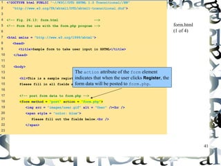 41 
1 <!DOCTYPE html PUBLIC "-//W3C//DTD XHTML 1.0 Transitional//EN" 
2 "http://www.w3.org/TR/xhtml1/DTD/xhtml1-transitional.dtd"> 
3 
4 <!-- Fig. 26.13: form.html --> 
5 <!-- Form for use with the form.php program --> 
6 
7 <html xmlns = "http://www.w3.org/1999/xhtml"> 
8 <head> 
9 <title>Sample form to take user input in XHTML</title> 
10 </head> 
11 
12 <body> 
13 
14 <h1>This is a sample registration form.</h1> 
15 Please fill in all fields and click Register. 
16 
17 <!-- post form data to form.php --> 
18 <form method = "post" action = "form.php"> 
19 <img src = "images/user.gif" alt = "User" /><br /> 
20 <span style = "color: blue"> 
21 Please fill out the fields below.<br /> 
22 </span> 
23 
form.html 
(1 of 4) 
The action attribute of the form element 
indicates that when the user clicks Register, the 
form data will be posted to form.php. 
 