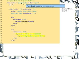 55 
26 <!-- post form data to password.php --> 
27 <form action = "password.php" method = "post"> 
28 <br /> 
29 
30 <table border = "0" cellspacing = "0" 
31 style = "height: 90px; width: 123px; 
32 font-size: 10pt" cellpadding = "0"> 
33 
34 <tr> 
35 <td colspan = "3"> 
36 <strong>Username:</strong> 
37 </td> 
38 </tr> 
39 
40 <tr> 
41 <td colspan = "3"> 
42 <input size = "40" name = "USERNAME" 
43 style = "height: 22px; width: 115px" /> 
44 </td> 
45 </tr> 
46 
password.html 
(2 of 4) 
Form data is posted to password.php. 
 
