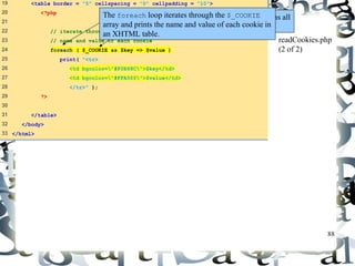 88 
19 <table border = "5" cellspacing = "0" cellpadding = "10"> 
20 <?php 
21 
22 // iterate through array $_COOKIE and print 
23 // name and value of each cookie 
24 foreach ( $_COOKIE as $key => $value ) 
25 print( "<tr> 
26 <td bgcolor="#F0E68C">$key</td> 
27 <td bgcolor="#FFA500">$value</td> 
28 </tr>" ); 
29 ?> 
30 
31 </table> 
32 </body> 
33 </html> 
PHP creates array $_COOKIE which contains all 
cookie values indexed by their names. 
readCookies.php 
(2 of 2) 
The foreach loop iterates through the $_COOKIE 
array and prints the name and value of each cookie in 
an XHTML table. 
 