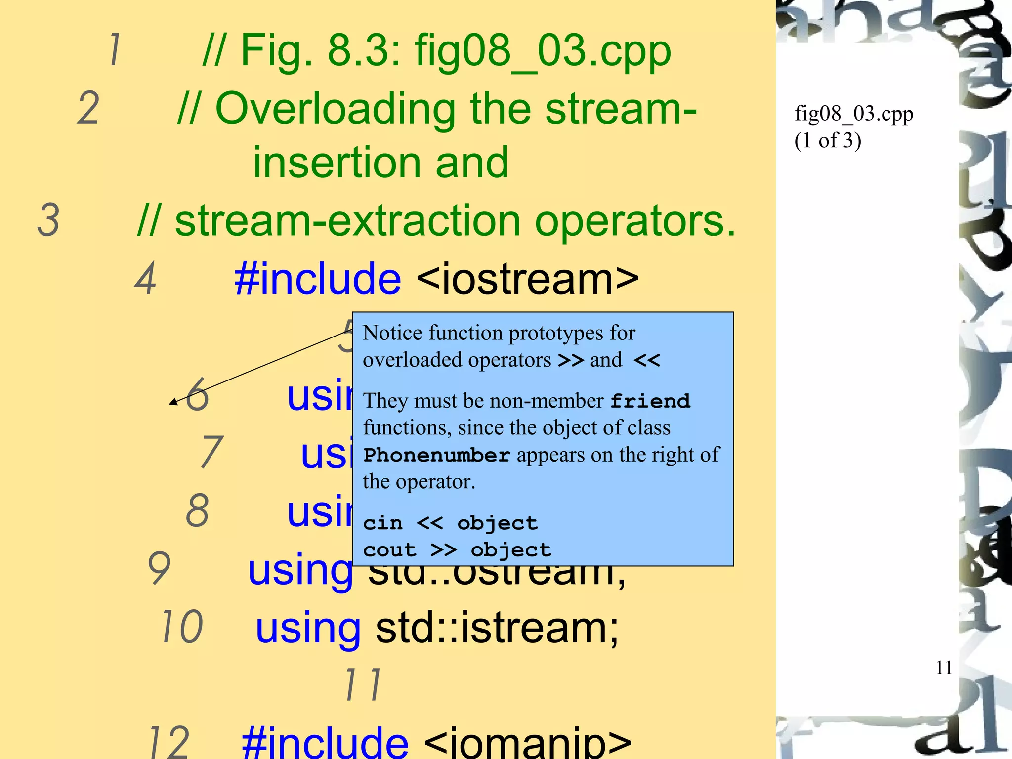 11 
fig08_03.cpp 
(1 of 3) 
1 // Fig. 8.3: fig08_03.cpp 
2 // Overloading the stream-insertion 
and 
3 // stream-extraction operators. 
4 #include <iostream> 
5 
Notice function prototypes for 
overloaded operators >> and << 
They must be non-member friend 
functions, since the object of class 
Phonenumber appears on the right of 
the operator. 
cin << object 
cout >> object 
6 using std::cout; 
7 using std::cin; 
8 using std::endl; 
9 using std::ostream; 
10 using std::istream; 
11 
12 #include <iomanip> 
 