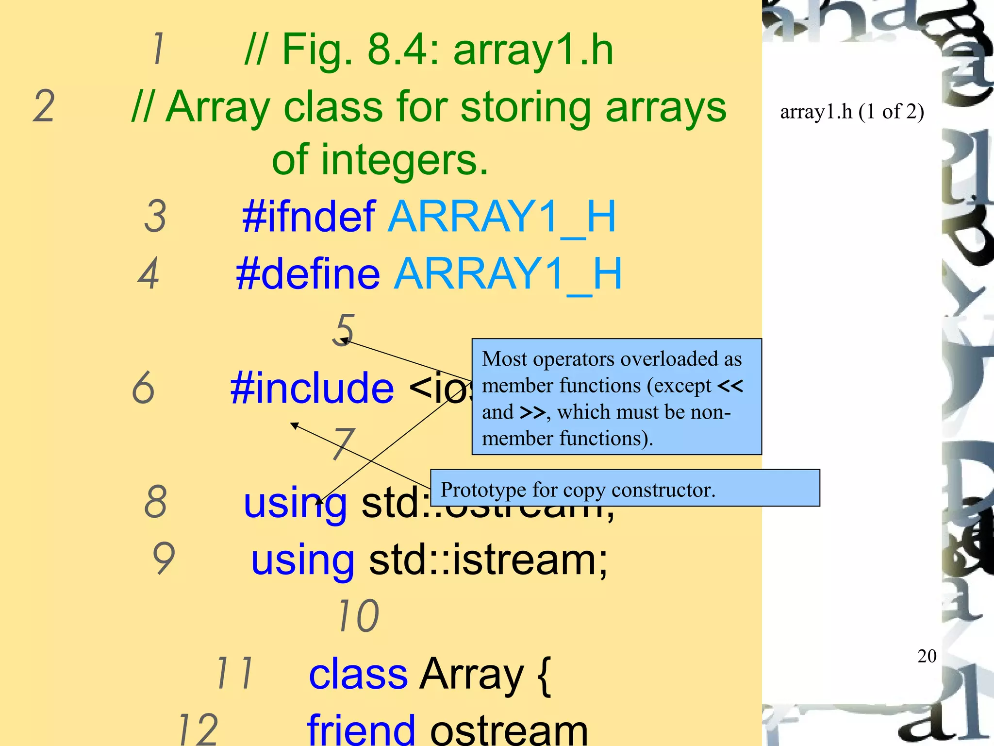 array1.h (1 of 2) 
20 
1 // Fig. 8.4: array1.h 
2 // Array class for storing arrays 
of integers. 
3 #ifndef ARRAY1_H 
4 #define ARRAY1_H 
5 
Most operators overloaded as 
member functions (except << 
and >>, which must be non-member 
6 #include <iostream> 
7 
functions). 
8 using std::ostream; 
9 using std::istream; 
10 
Prototype for copy constructor. 
11 class Array { 
12 friend ostream 
 