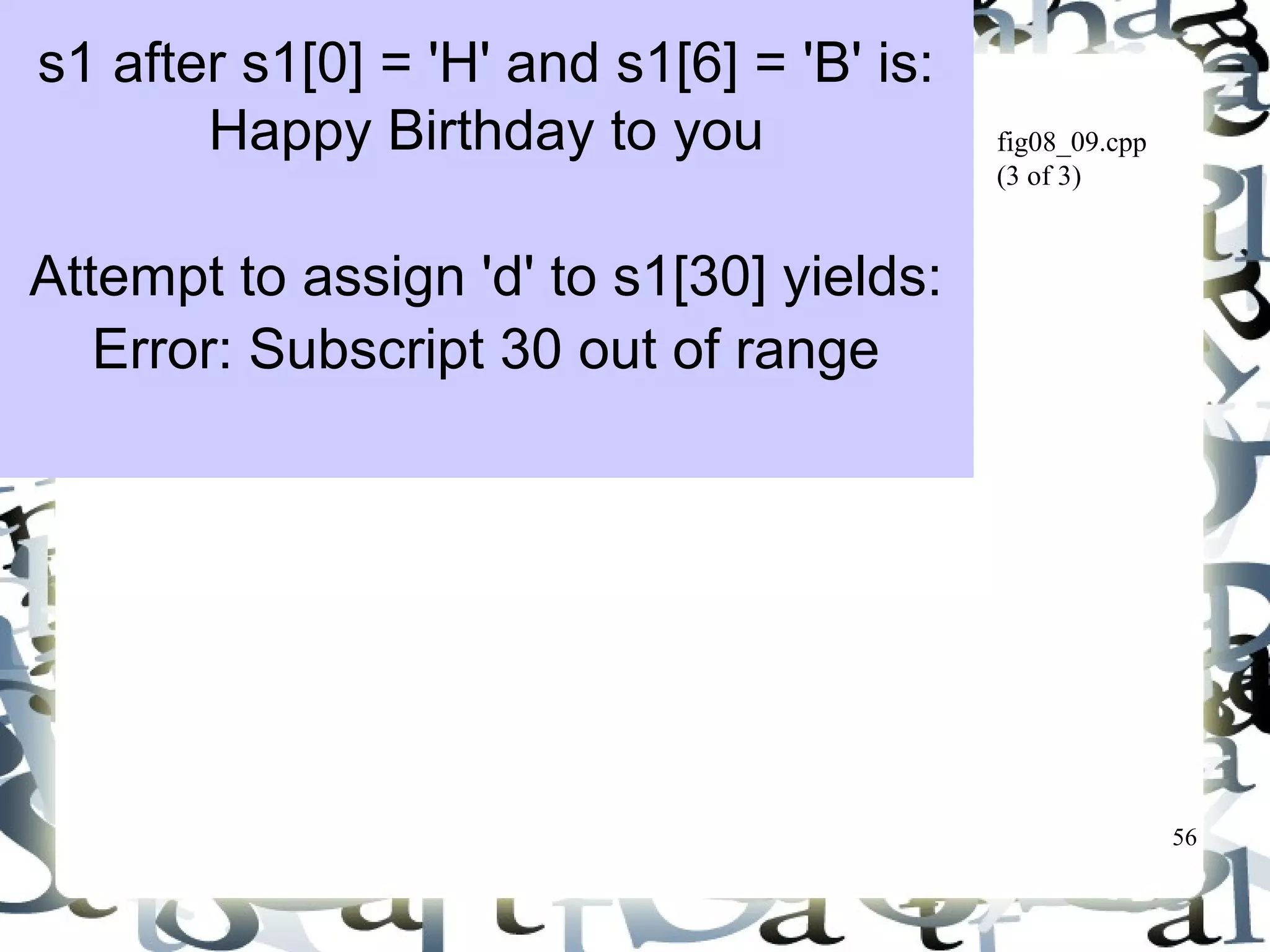 56 
fig08_09.cpp 
(3 of 3) 
s1 after s1[0] = 'H' and s1[6] = 'B' is: 
Happy Birthday to you 
Attempt to assign 'd' to s1[30] yields: 
Error: Subscript 30 out of range 
 