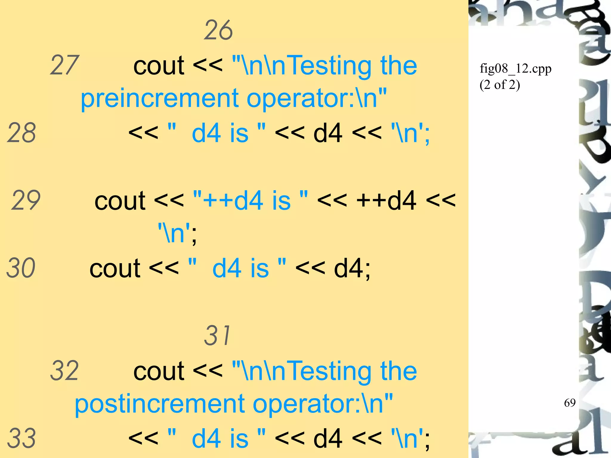 69 
fig08_12.cpp 
(2 of 2) 
26 
27 cout << "nnTesting the 
preincrement operator:n" 
28 << " d4 is " << d4 << 'n'; 
29 cout << "++d4 is " << ++d4 << 
'n'; 
30 cout << " d4 is " << d4; 
31 
32 cout << "nnTesting the 
postincrement operator:n" 
33 << " d4 is " << d4 << 'n'; 
 