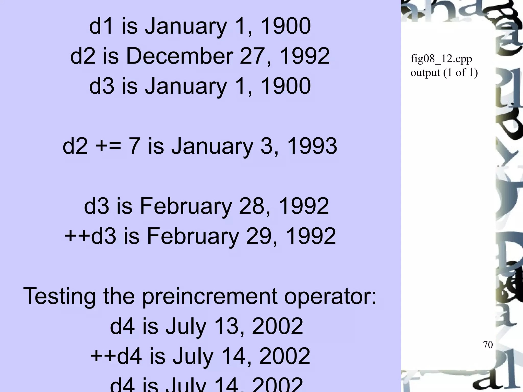 70 
fig08_12.cpp 
output (1 of 1) 
d1 is January 1, 1900 
d2 is December 27, 1992 
d3 is January 1, 1900 
d2 += 7 is January 3, 1993 
d3 is February 28, 1992 
++d3 is February 29, 1992 
Testing the preincrement operator: 
d4 is July 13, 2002 
++d4 is July 14, 2002 
d4 is July 14, 2002 
 
