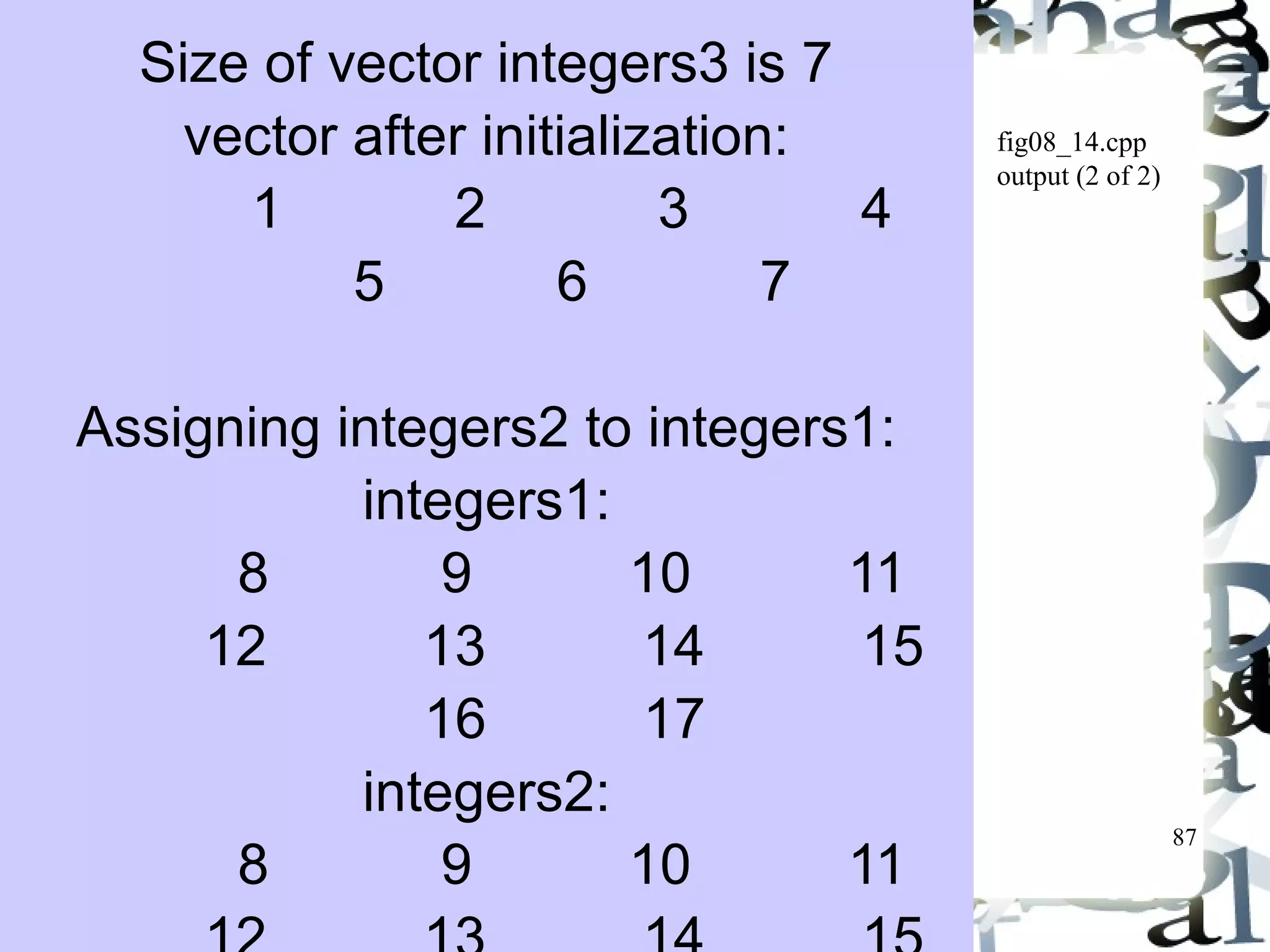 87 
fig08_14.cpp 
output (2 of 2) 
Size of vector integers3 is 7 
vector after initialization: 
1 2 3 4 
5 6 7 
Assigning integers2 to integers1: 
integers1: 
8 9 10 11 
12 13 14 15 
16 17 
integers2: 
8 9 10 11 
12 13 14 15 
