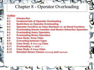 1 
Chapter 8 - Operator Overloading 
Outline 
8.1 Introduction 
8.2 Fundamentals of Operator Overloading 
8.3 Restrictions on Operator Overloading 
8.4 Operator Functions as Class Members vs. as friend Functions 
8.5 Overloading Stream-Insertion and Stream-Extraction Operators 
8.6 Overloading Unary Operators 
8.7 Overloading Binary Operators 
8.8 Case Study: Array Class 
8.9 Converting between Types 
8.10 Case Study: A String Class 
8.11 Overloading ++ and -- 
8.12 Case Study: A Date Class 
8.13 Standard Library Classes string and vector 
 