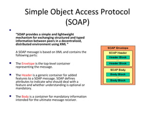 Simple Object Access Protocol
(SOAP)

“SOAP provides a simple and lightweight
mechanism for exchanging structured and typed
information between peers in a decentralized,
distributed environment using XML “
A SOAP message is based on XML and contains the
following parts:
 The Envelope is the top-level container
representing the message.
 The Header is a generic container for added
features to a SOAP message. SOAP defines
attributes to indicate who should deal with a
feature and whether understanding is optional or
mandatory.
 The Body is a container for mandatory information
intended for the ultimate message receiver.
 