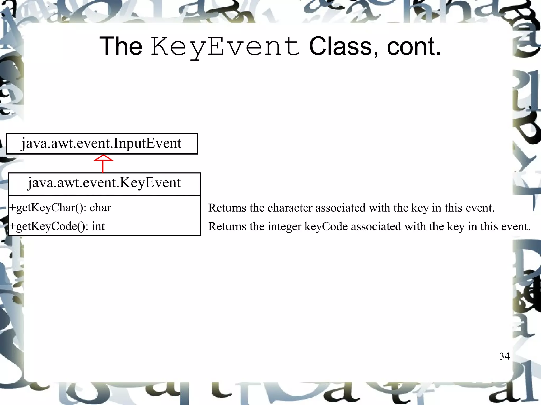 34 
The KeyEvent Class, cont. 
java.awt.event.KeyEvent 
+getKeyChar(): char 
+getKeyCode(): int 
Returns the character associated with the key in this event. 
Returns the integer keyCode associated with the key in this event. 
java.awt.event.InputEvent 
 