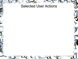 8 
Selected User Actions 
Source Event Type 
User Action Object Generated 
Click a button JButton ActionEvent 
Click a check box JCheckBox ItemEvent, ActionEvent 
Click a radio button JRadioButton ItemEvent, ActionEvent 
Press return on a text field JTextField ActionEvent 
Select a new item JComboBox ItemEvent, ActionEvent 
Window opened, closed, etc. Window WindowEvent 
Mouse pressed, released, etc. Component MouseEvent 
Key released, pressed, etc. Component KeyEvent 
 