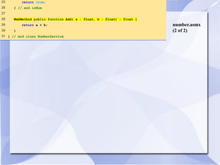 number.asmx 
(2 of 2) 
25 return true; 
26 } // end isNum 
27 
28 WebMethod public function Add( a : float, b : float) : float { 
29 return a + b; 
30 } 
31 } // end class NumberService 
 
