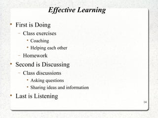 14 
Effective Learning 
 First is Doing 
- Class exercises 
 Coaching 
 Helping each other 
- Homework 
 Second is Discussing 
- Class discussions 
 Asking questions 
 Sharing ideas and information 
 Last is Listening 
 