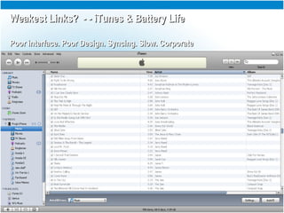 Weakest Links? - - iTunes & Battery LifeWeakest Links? - - iTunes & Battery Life
Poor interface. Poor Design. Syncing. Slow. CorporatePoor interface. Poor Design. Syncing. Slow. Corporate
 