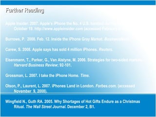 Further ReadingFurther Reading
Apple Insider. 2007. Apple’s iPhone the No. 4 U.S. handset during third quarter.
October 19. http://www.appleinsider.com (accessed February 9, 2008).
Burrows, P. 2008. Feb. 12. Inside the iPhone Gray Market. BusineesWeek.
Carew, S. 2008. Apple says has sold 4 million iPhones. Reuters.
Eisenmann, T., Parker, G., Van Alstyne, M. 2006. Strategies for two-sided markets.
Harvard Business Review; 92-101.
Grossman, L. 2007. I take the iPhone Home. Time.
Olson, P., Laurent, L. 2007. iPhones Land in London. Forbes.com. (accessed
November 9, 2008).
Wingfield N., Guth RA. 2005. Why Shortages of Hot Gifts Endure as a Christmas
Ritual. The Wall Street Journal. December 2, B1.
 
