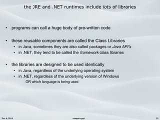 Nov 6, 2014 compare.ppt 15
the JRE and .NET runtimes include lots of libraries
• programs can call a huge body of pre-written code
• these reusable components are called the Class Libraries
• in Java, sometimes they are also called packages or Java API’s
• in .NET, they tend to be called the framework class libraries
• the libraries are designed to be used identically
• in Java, regardless of the underlying operating system
• in .NET, regardless of the underlying version of Windows
OR which language is being used
 