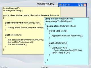 Nov 6, 2014 compare.ppt 8
mininal window
import java.awt.*;
import javax.swing.*;
public class Hello extends JFrame implements Runnable
{
public static void main(String[] args)
{
SwingUtilities.invokeLater(new Hello());
}
public void run()
{
this.setSize(new Dimension(200,200));
this.setTitle("Hello in Java");
this.setVisible(true);
}
}
using System.Windows.Forms;
namespace TinyWindowApp
{
public class HelloForm : Form
{
static void Main()
{
Application.Run(new HelloForm());
}
public HelloForm()
{
ClientSize = new
System.Drawing.Size(200, 200);
Text = "Hello in C#";
}
}
}
 