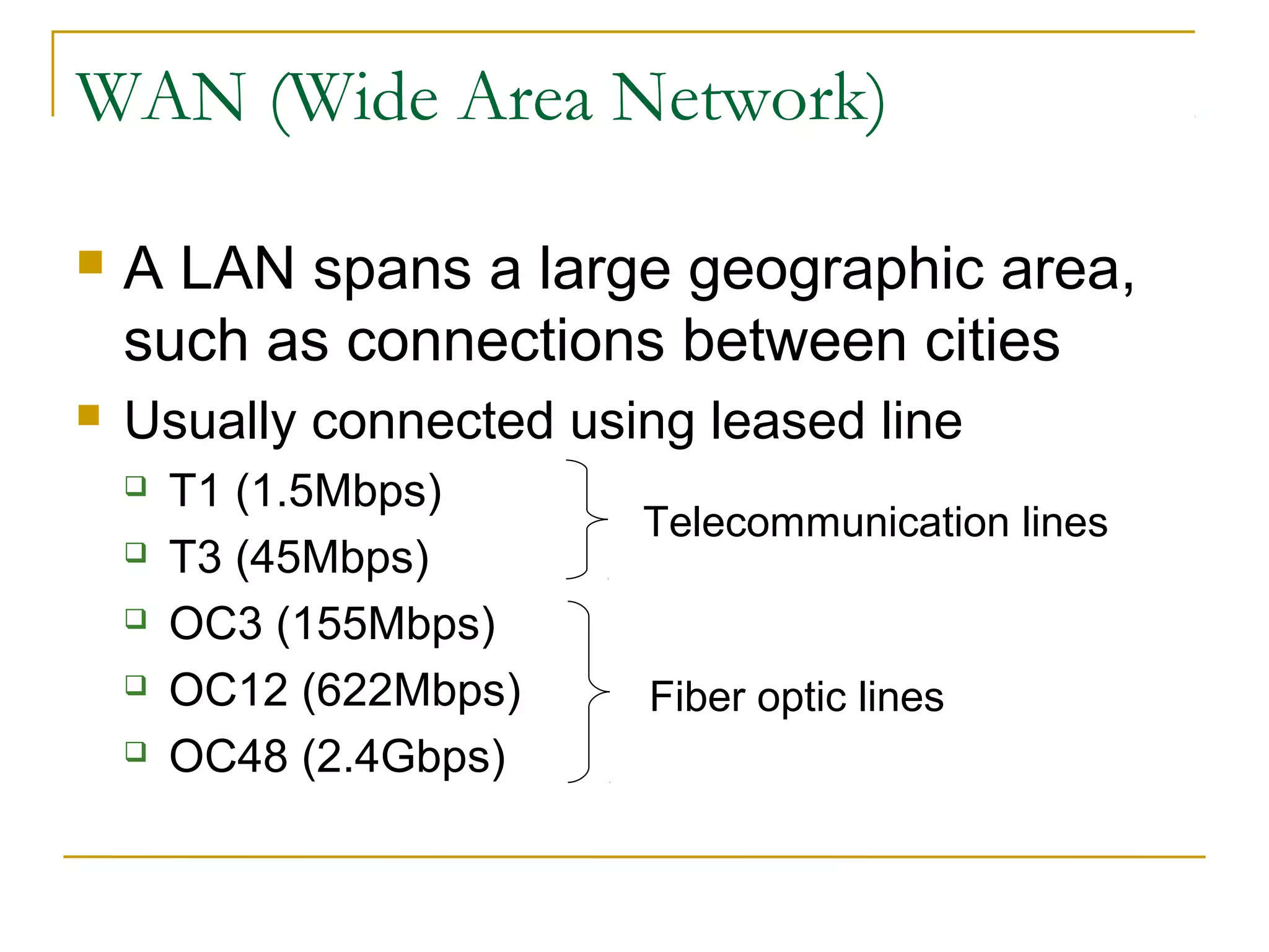 WAN (Wide Area Network) 
 A LAN spans a large geographic area, 
such as connections between cities 
 Usually connected using leased line 
 T1 (1.5Mbps) 
 T3 (45Mbps) 
 OC3 (155Mbps) 
 OC12 (622Mbps) 
 OC48 (2.4Gbps) 
Telecommunication lines 
Fiber optic lines 
 