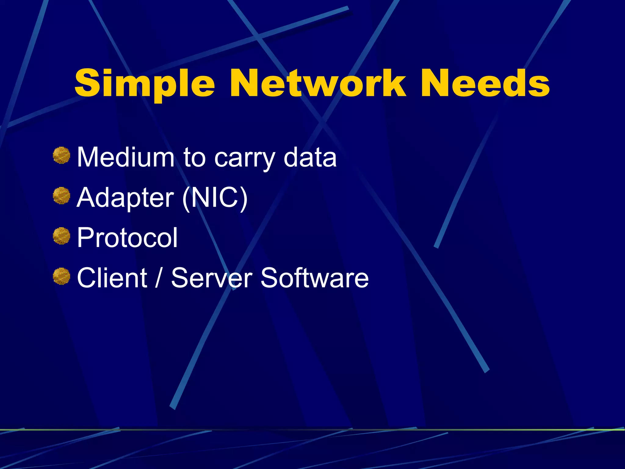 Simple Network Needs 
Medium to carry data 
Adapter (NIC) 
Protocol 
Client / Server Software 
 