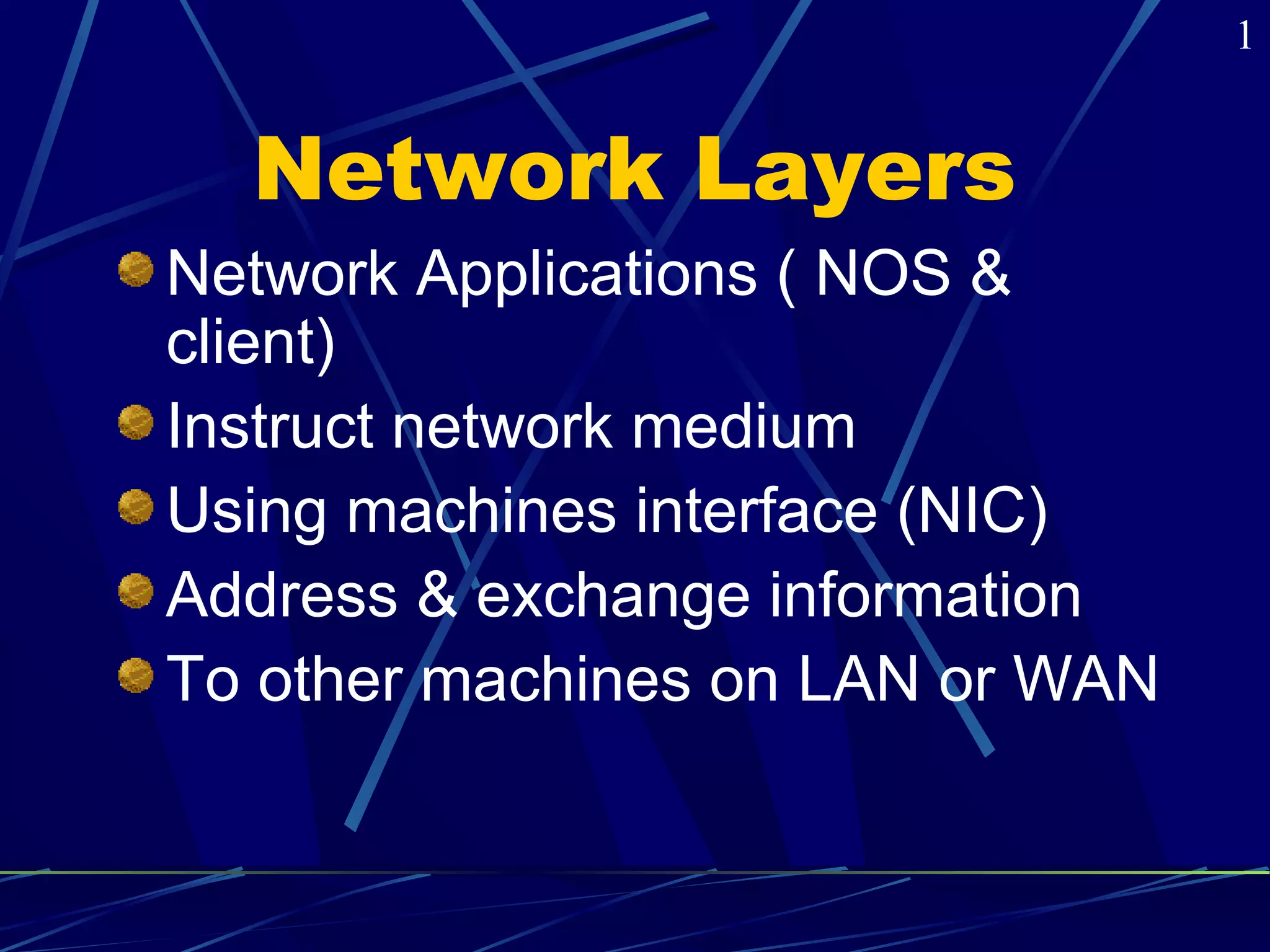 Network Layers 
Network Applications ( NOS & 
client) 
Instruct network medium 
Using machines interface (NIC) 
Address & exchange information 
To other machines on LAN or WAN 
1 
 