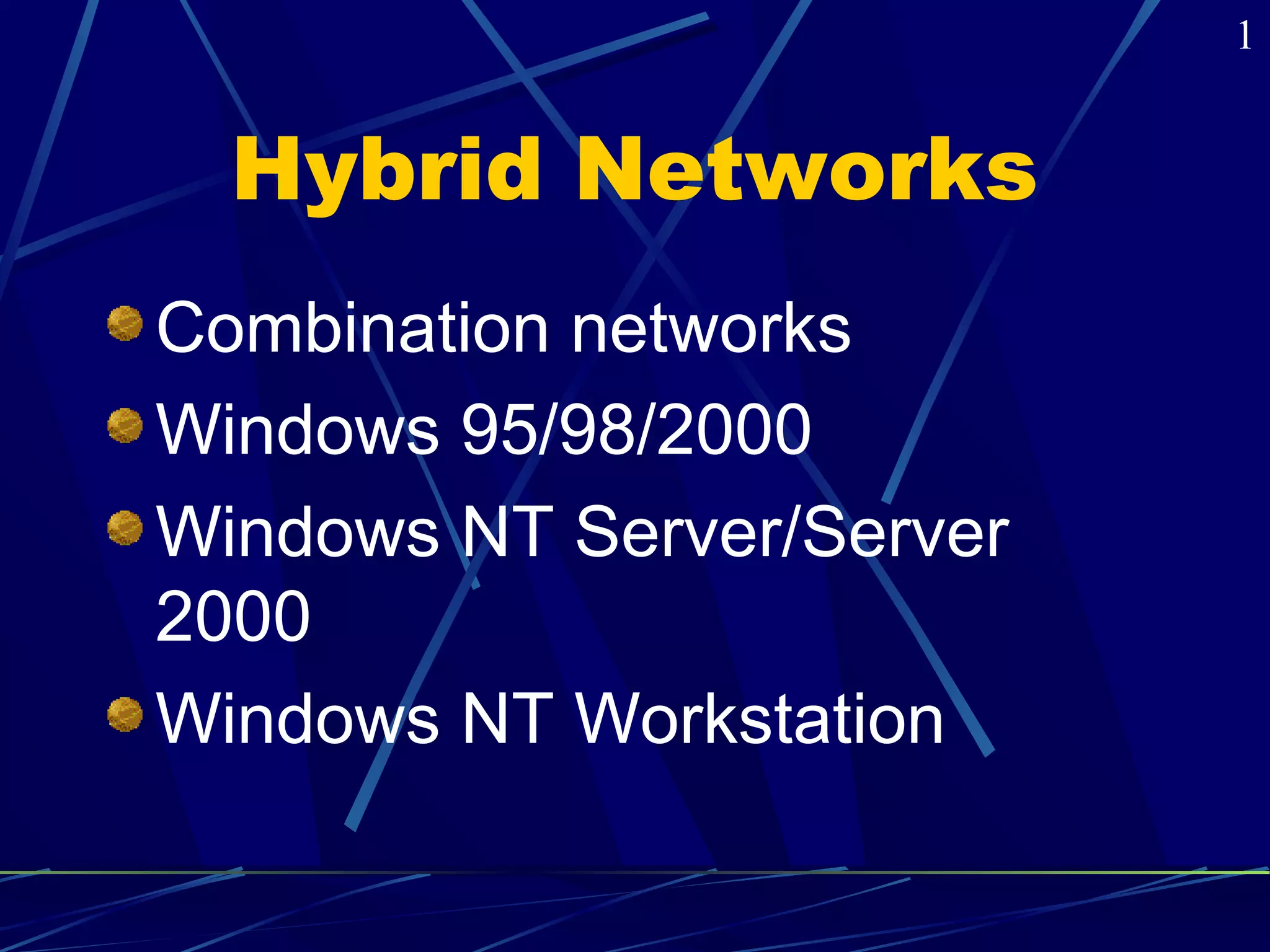 Hybrid Networks 
Combination networks 
Windows 95/98/2000 
Windows NT Server/Server 
2000 
Windows NT Workstation 
1 
 