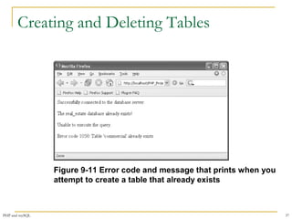 Creating and Deleting Tables 
Figure 9-11 Error code and message that prints when you 
attempt to create a table that already exists 
PHP and mySQL 37 
 