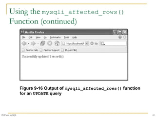 Using the mysqli_affected_rows() 
Function (continued) 
Figure 9-16 Output of mysqli_affected_rows() function 
for an UPDATE query 
PHP and mySQL 43 
 