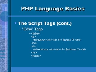 PPHHPP LLaanngguuaaggee BBaassiiccss 
• The Script Tags (cont.) 
– “Echo” Tags 
– <table> 
<tr> 
<td>Name:</td><td><?= $name ?></td> 
</tr> 
<tr> 
<td>Address:</td><td><?= $address ?></td> 
</tr> 
</table> 
 