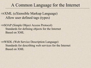 A Common Language for the Internet 
ÞXML (eXtensible Markup Language) 
Allow user defined tags (types) 
ÞSOAP (Simple Object Access Protocol) 
Standards for defining objects for the Internet 
Based on XML 
ÞWSDL (Web Service Description Language) 
Standards for describing web services for the Internet 
Based on XML 
 