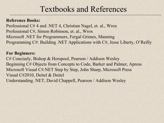Textbooks and References 
Re ference Books: 
Professional C# 4 and .NET 4, Christian Nagel, et. al., Wrox 
Professional C#, Simon Robinson, et. al., Wrox 
Microsoft .NET for Programmers, Fergal Grimes, Manning 
Programming C#: Building .NET Applications with C#, Jesse Liberty, O’Reilly 
For Beginners: 
C# Concisely, Bishop & Horspool, Pearson / Addison Wesley 
Beginning C# Objects from Concepts to Code, Barker and Palmer, Apress 
Microsoft Visual C#.NET Step by Step, John Sharp, Microsoft Press 
Visual C#2010, Deitel & Deitel 
Understanding .NET, David Chappell, Pearson / Addison Wesley 
