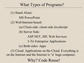 What Types of Programs? 
(1) Stand Alone: 
MS PowerPoint 
(2) Web/Internet-based: 
(a) Client-side: client-side JavaScript 
(b) Server Side: 
ASP.NET, JSP, Web Services 
3-Tir Enterprise Applications 
(c) Both-sides: Apps 
(3) Cloud: Applications on the Cloud. Everything is 
on the Internet and the Internet is “a’ huge computer. 
Why? Code Reuse! 
 