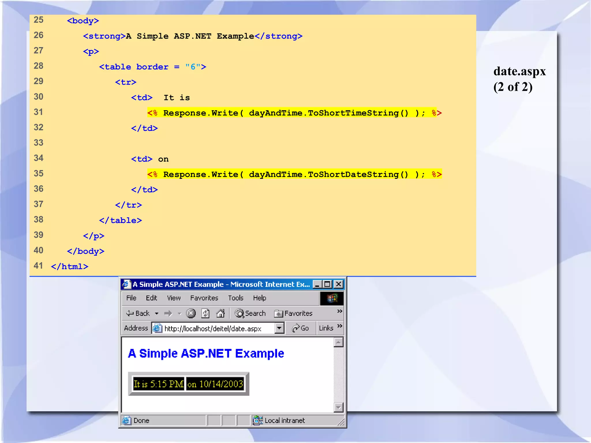 date.aspx 
(2 of 2) 
25 <body> 
26 <strong>A Simple ASP.NET Example</strong> 
27 <p> 
28 <table border = "6"> 
29 <tr> 
30 <td> It is 
31 <% Response.Write( dayAndTime.ToShortTimeString() ); %> 
32 </td> 
33 
34 <td> on 
35 <% Response.Write( dayAndTime.ToShortDateString() ); %> 
36 </td> 
37 </tr> 
38 </table> 
39 </p> 
40 </body> 
41 </html> 
 