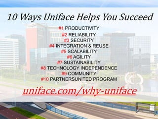 uniface.com/why-uniface
10 Ways Uniface Helps You Succeed
#1 PRODUCTIVITY
#2 RELIABILITY
#3 SECURITY
#4 INTEGRATION & REUSE
#5 SCALABILITY
#6 AGILITY
#7 SUSTAINABILITY
#8 TECHNOLOGY INDEPENDENCE
#9 COMMUNITY
#10 PARTNERSUNITED PROGRAM
 