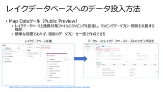 • Map Dataツール（Public Preview）
• レイクデータベースと連携対象ファイルのマッピングを指定し、マッピングデータフロー開発を支援する
機能
• 簡単な処理であれば、複数のデータフローを一括で作成できる
レイクデータベースへのデータ投入方法
• https://docs.microsoft.com/ja-jp/azure/synapse-analytics/database-designer/overview-map-data
レイクデータベース定義 データソースとレイクデータベーステーブルのマッピング設定
 