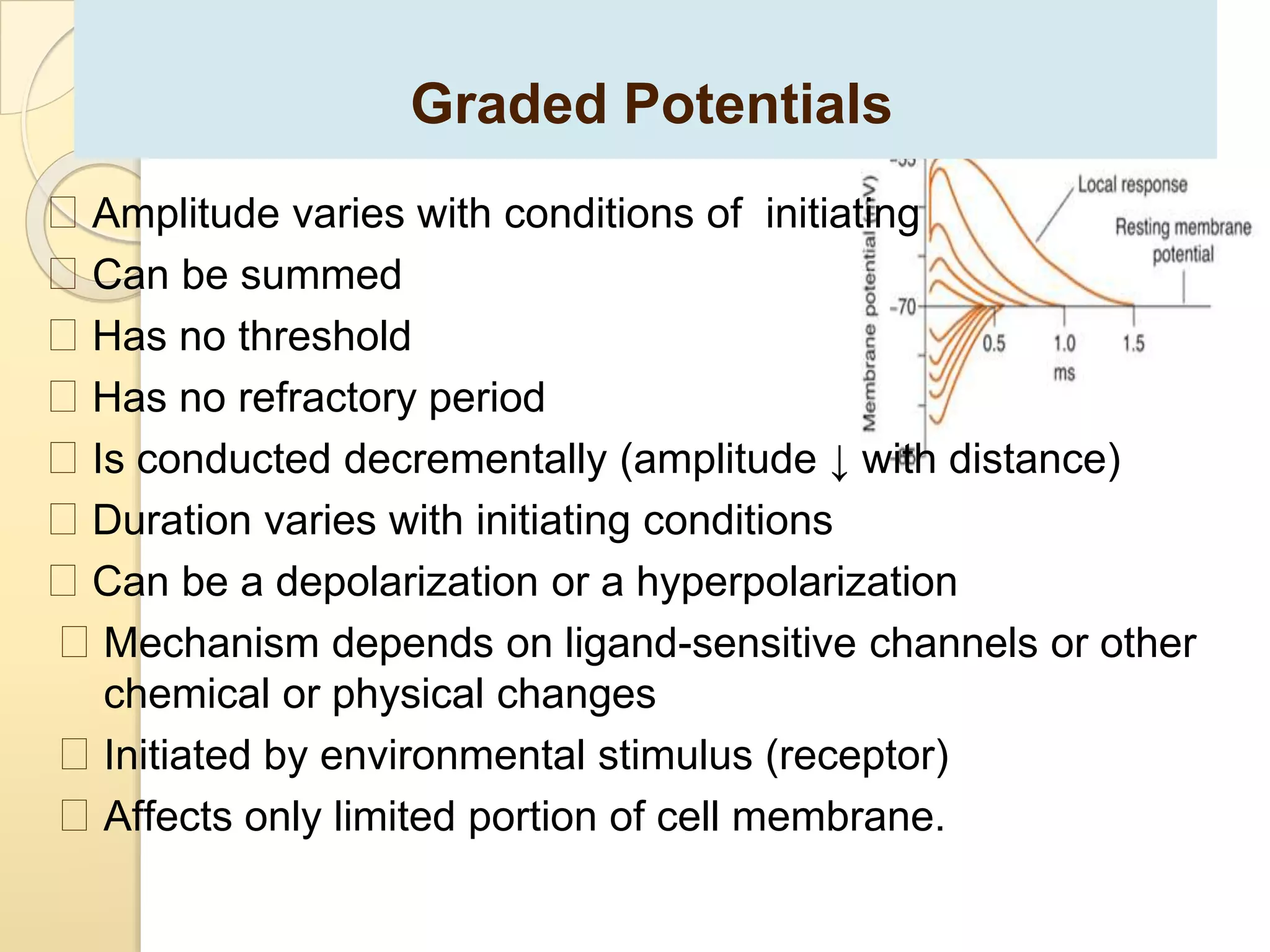 Graded Potentials
🡪 Amplitude varies with conditions of initiating
🡪 Can be summed
🡪 Has no threshold
🡪 Has no refractory period
🡪 Is conducted decrementally (amplitude ↓ with distance)
🡪 Duration varies with initiating conditions
🡪 Can be a depolarization or a hyperpolarization
🡪 Mechanism depends on ligand-sensitive channels or other
chemical or physical changes
🡪 Initiated by environmental stimulus (receptor)
🡪 Affects only limited portion of cell membrane.
 