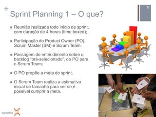 +                                                  37

    Sprint Planning 1 – O que?
       Reunião realizada todo início de sprint,
        com duração de 4 horas (time boxed);

       Participação do Product Owner (PO),
        Scrum Master (SM) e Scrum Team.

       Passagem do entendimento sobre o
        backlog “pré-selecionado”, do PO para
        o Scrum Team;

       O PO propõe a meta do sprint.

       O Scrum Team realiza a estimativa
        inicial de tamanho para ver se é
        possível cumprir a meta.
 