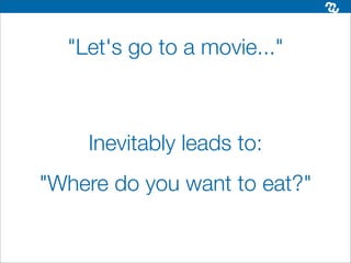"Let's go to a movie..."



    Inevitably leads to:
"Where do you want to eat?"
 