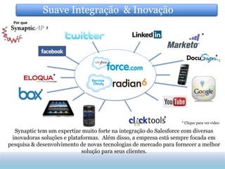 Suave Integração & Inovação
               Strong Industry & Functional Areas Process Consulting


                                                                              *


                                                                                      *


                 *

            *



                                                           *
                                                                  * Clique para ver vídeo

  Synaptic tem um expertize muito forte na integração do Salesforce com diversas
 inovadoras soluções e plataformas. Além disso, a empresa está sempre focada em
pesquisa & desenvolvimento de novas tecnologias de mercado para fornecer a melhor
                            solução para seus clientes.
 