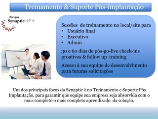 Treinamento & Suporte Pós-implantação

                          Sessões de treinamento no local/site para
                          • Usuário final
                          • Executivo
                          • Admin
                          30 e 60 dias de pós-go-live check-ins
                          proativos & follow up training
                          Acesso à sua equipe de desenvolvimento
                          para futuras solicitações


  Um dos principais focos da Synaptic é no Treinamento e Suporte Pós
Implantação, para garantir que equipe sua empresa seja absorvida com o
       mais completo o mais completo aprendizado da solução.
 